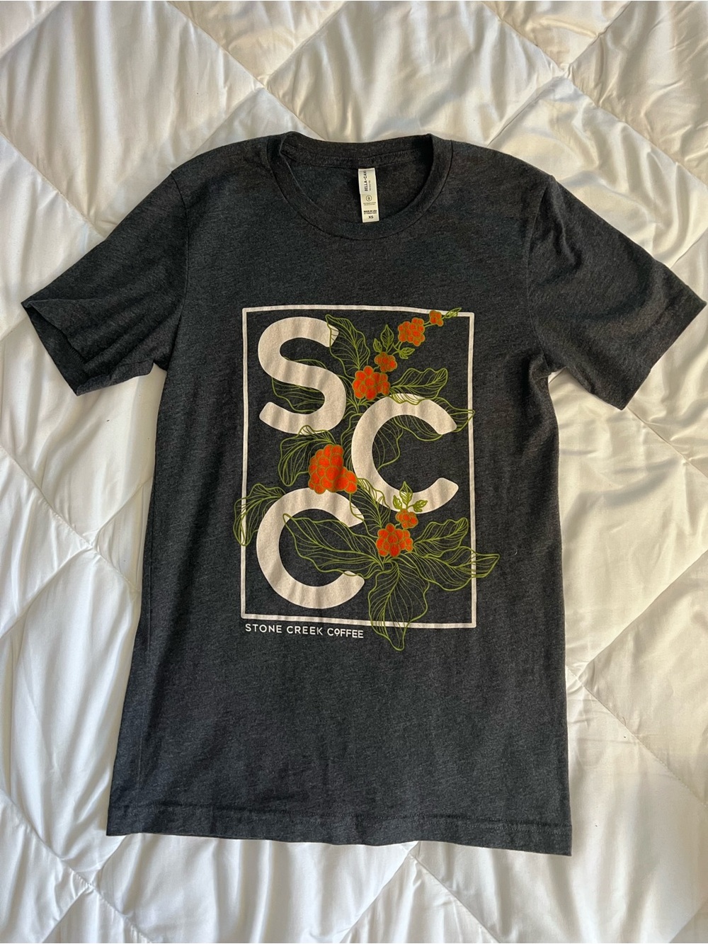 Stone Creek Coffee Graphic Tee Shirt Wisconsin Brewer Grey Flowered Womens Sz XS